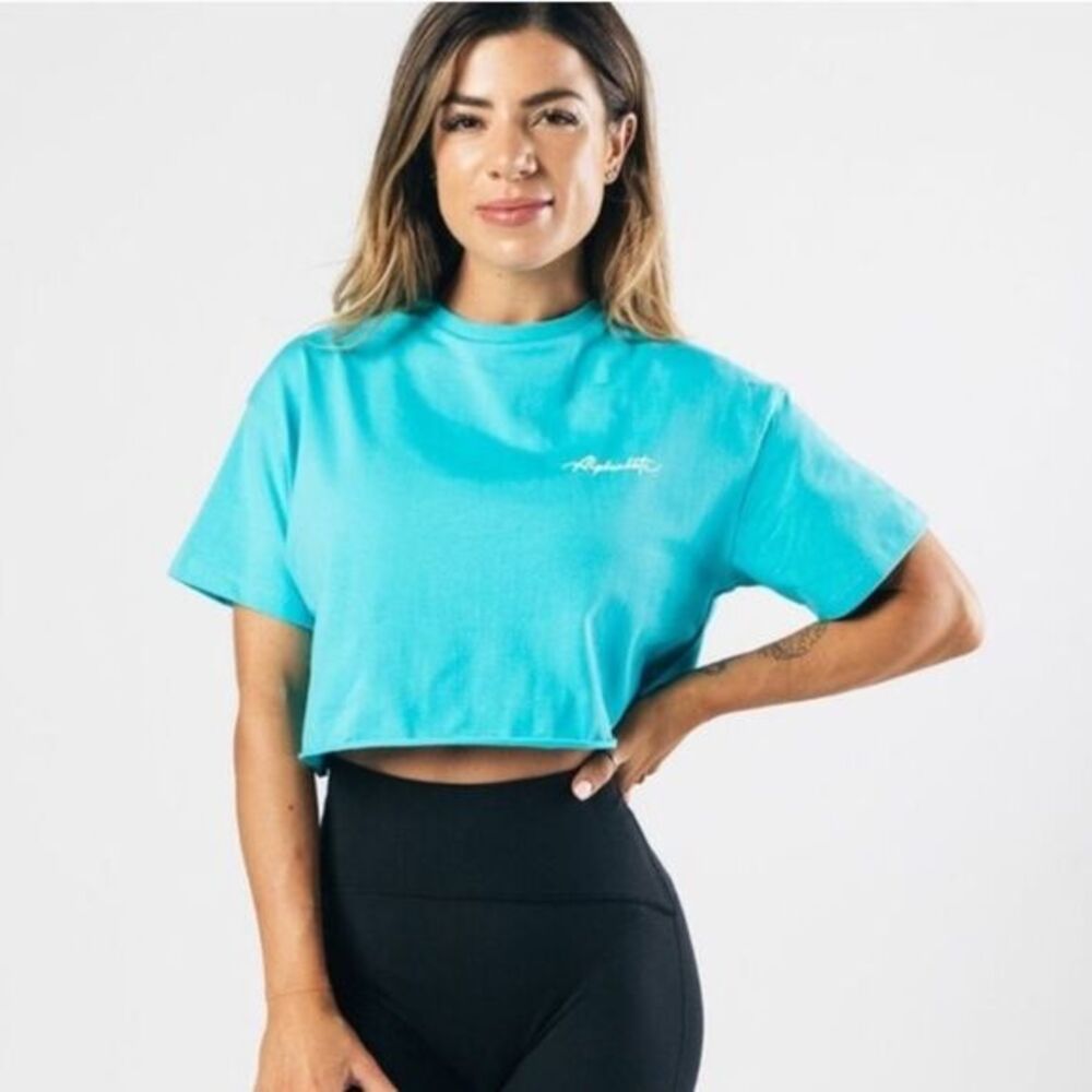 Alphalete Womens M Short Sleeve Boxy Crop Top Aqua Blue Pump Cover Oversized New